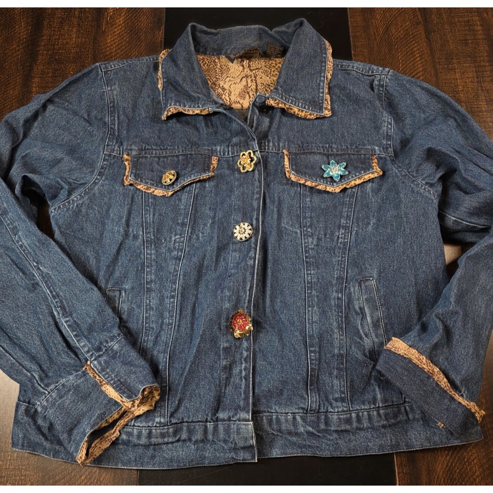 Vintage New‎ Direction Denim Jacket Coat Brooch Pin Embellished Leopard Trim XL